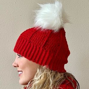 Hand-Crocheted Red Winter Beanie Hat with White Faux Fur Pom